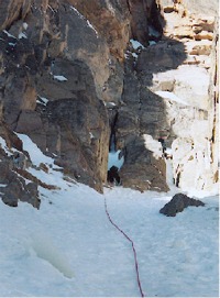 Leading up a narrow chute in the Notch Couloir.  